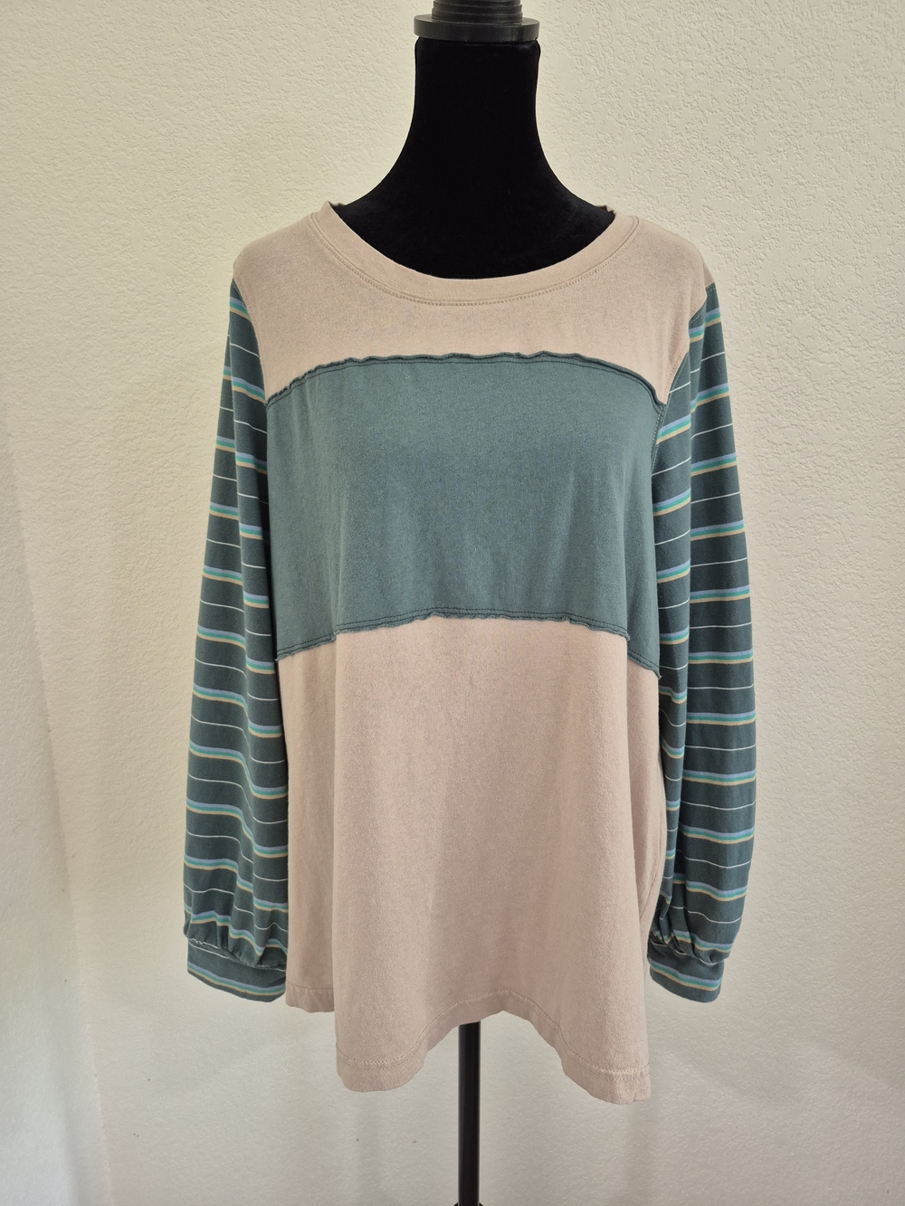 Layered-Block Long Sleeve Top in Dusty Teal and Blush
